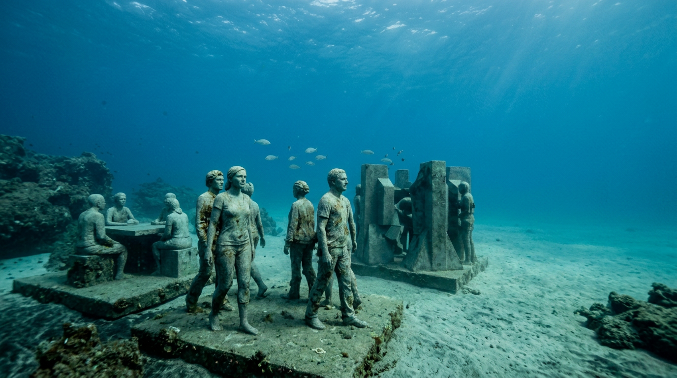 Underwater museum with life-sized stone statues on the ocean floor
